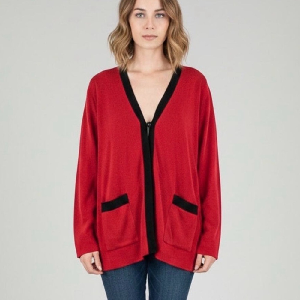 Misook Red Cardigan Black Trim Open Front Long Sleeve Size 2X